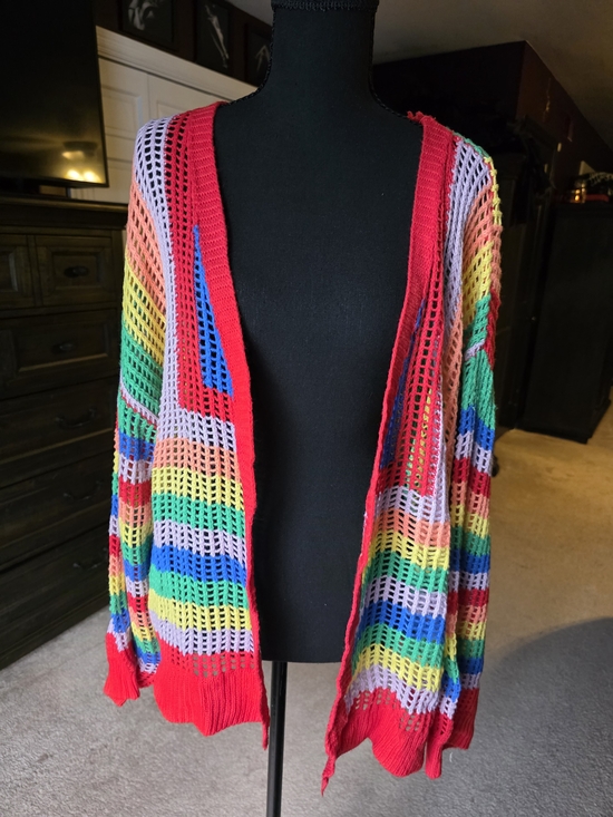 DAVI & DANI Sweaters - DAVI & DANI Bright Multi-Color Open Knit Cardigan with Red Trim 1XL Rainbow
